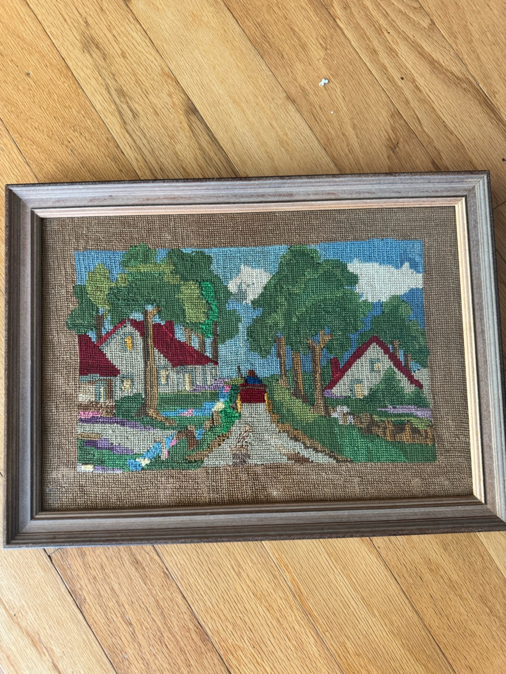 Beautiful vintage handmade needlepoint wall art. Custom frame. SIZE 15.5” x 11.5